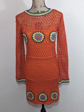 NWT ZARA Orange Crochet Dress Long Sleeve Flower Boho Hippie Lined Size S